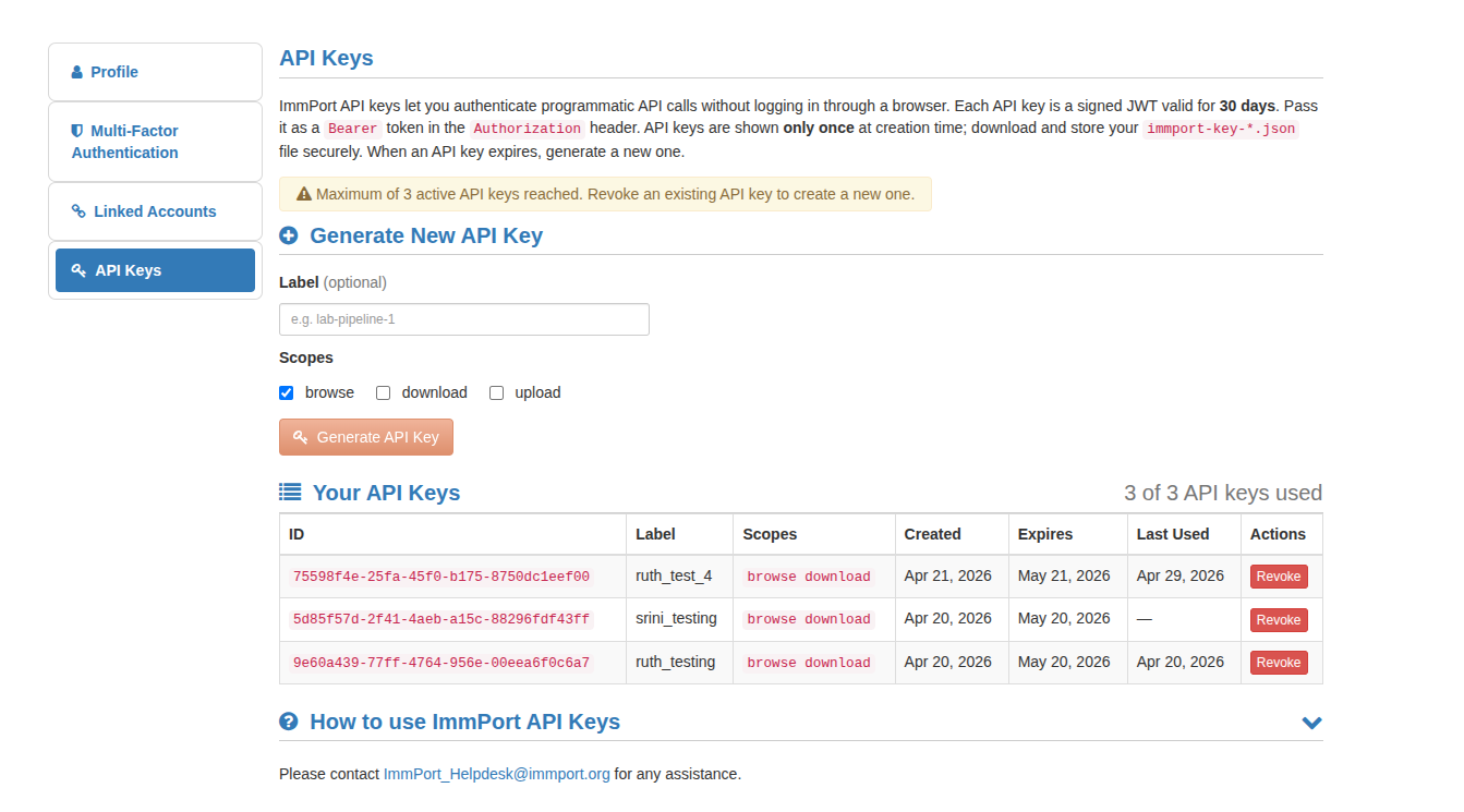 ImmPort API Keys UI
