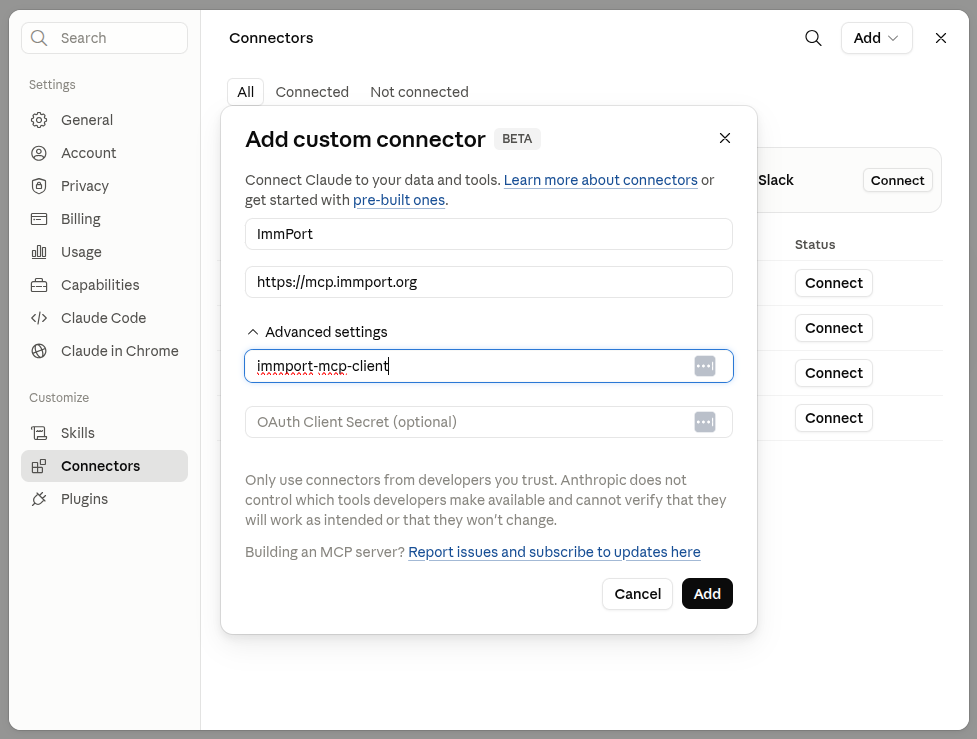 Connecting ImmPort MCP Server in claude.ai